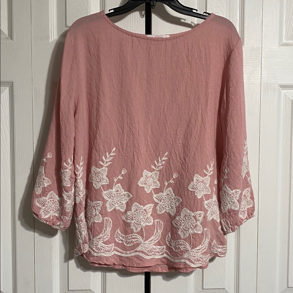 Ana & Rose pink floral embroidered blouse top shirt size LARGE
